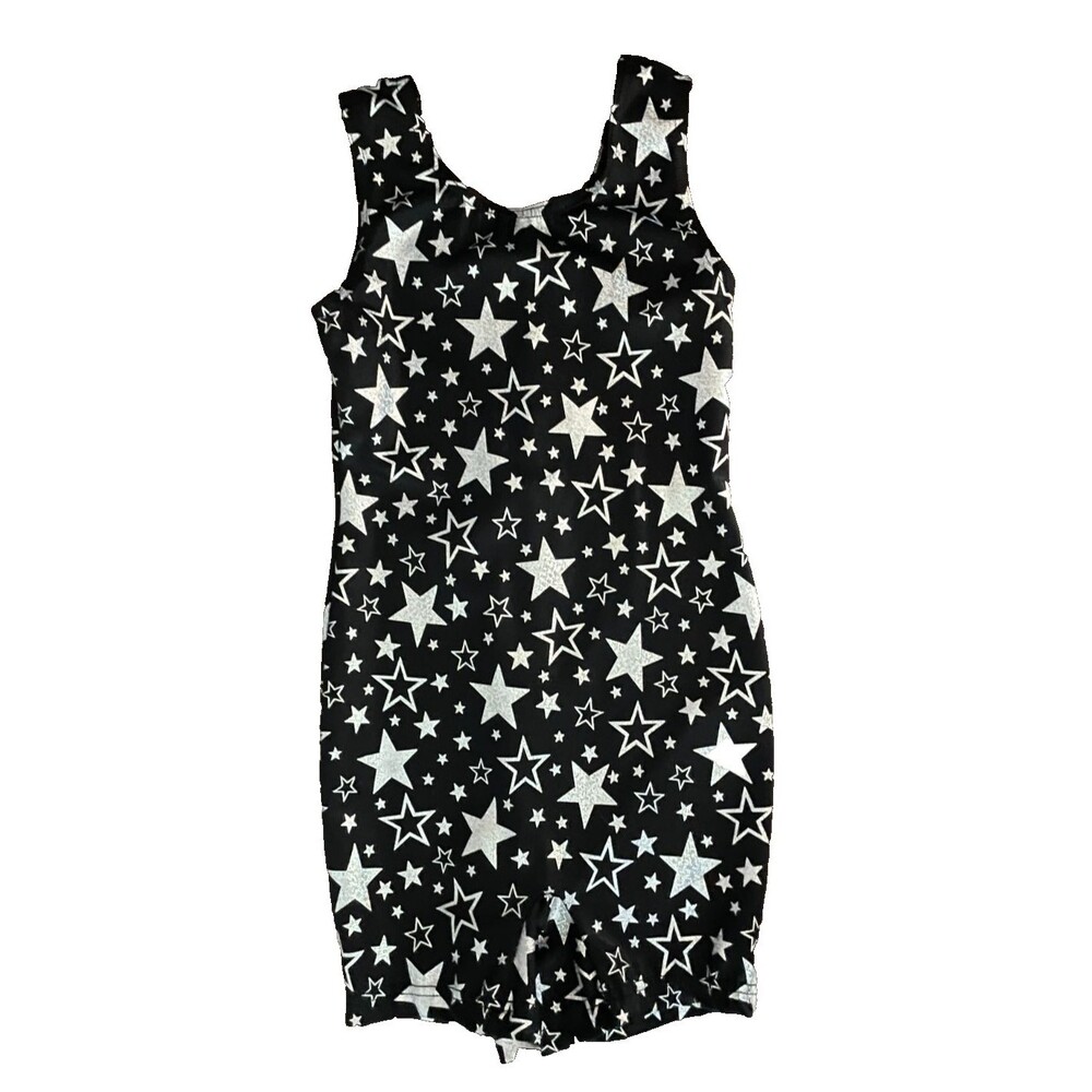 WEISSMAN Girls UNITARD Leotard Gymnastics Dance BLACK Silver STARS Sz MC (10/12)